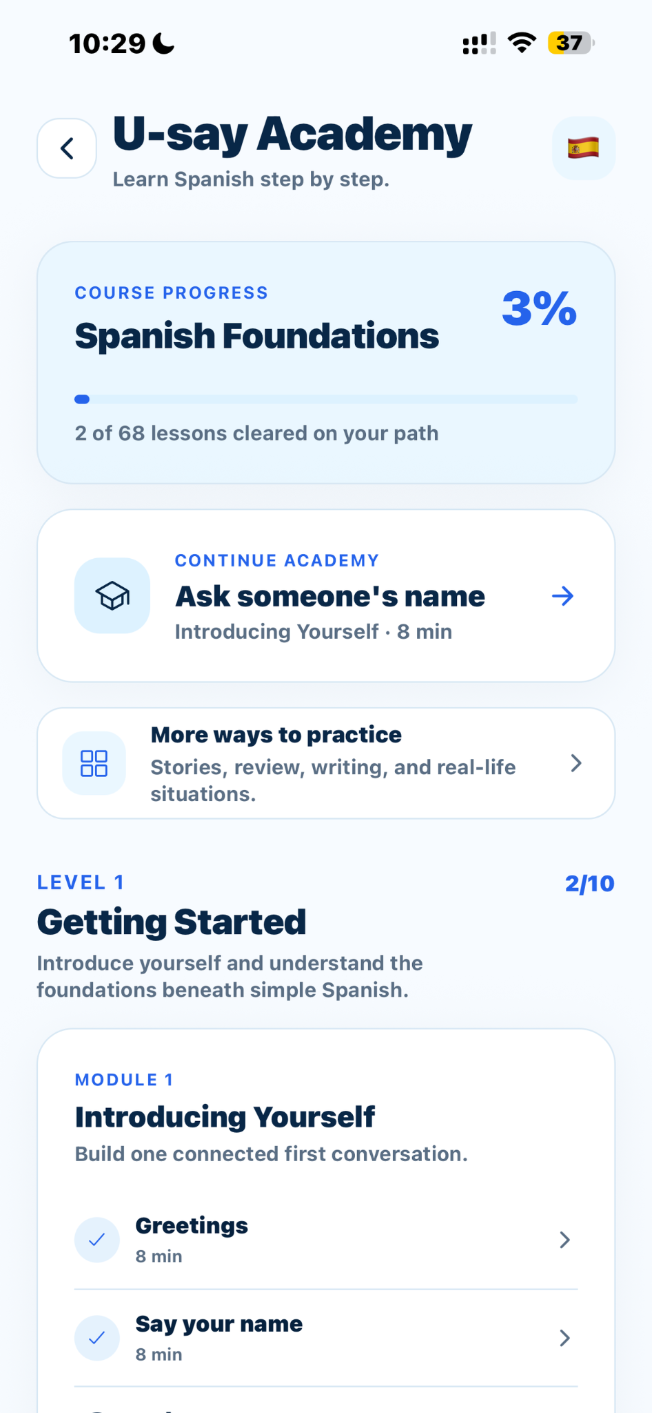 U-say Academy course showing Spanish foundations and lesson progress