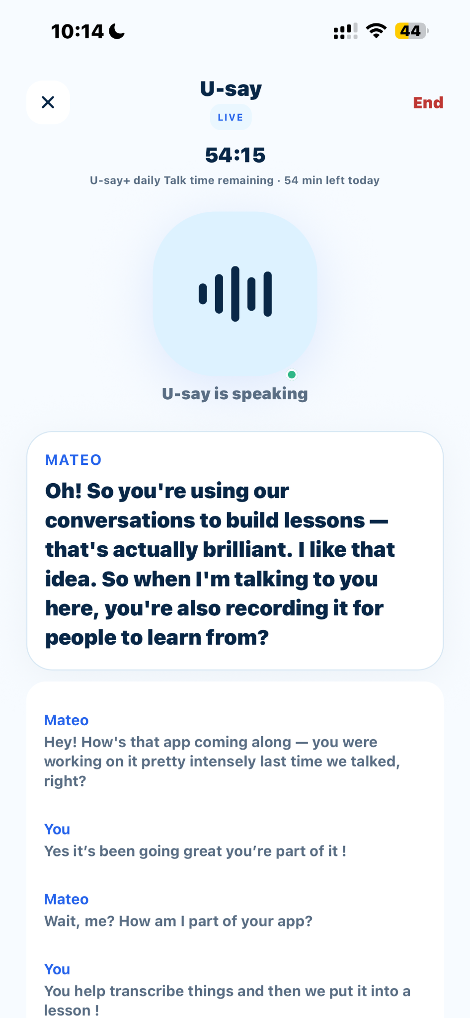 U-say live Talk screen during a real conversation
