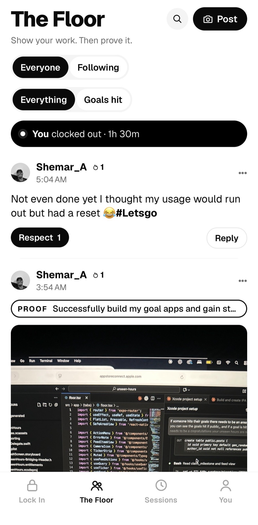 The Floor: posts from people you follow, with Respect and replies