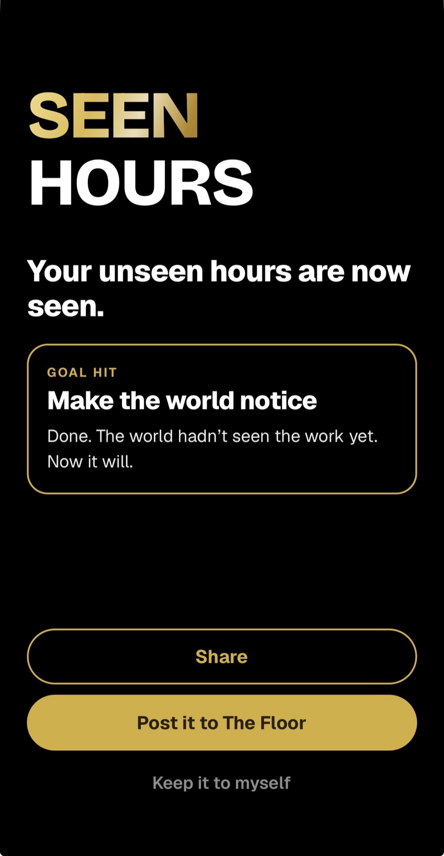 Goal hit: UNSEEN HOURS with SEEN turning gold