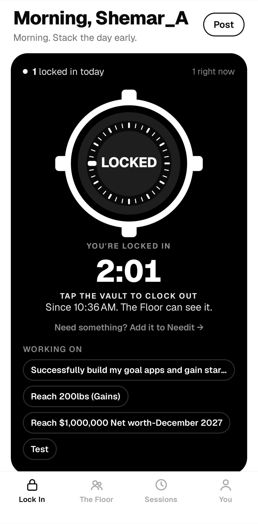 The Lock In screen: the vault button, your streak and who's locked in right now