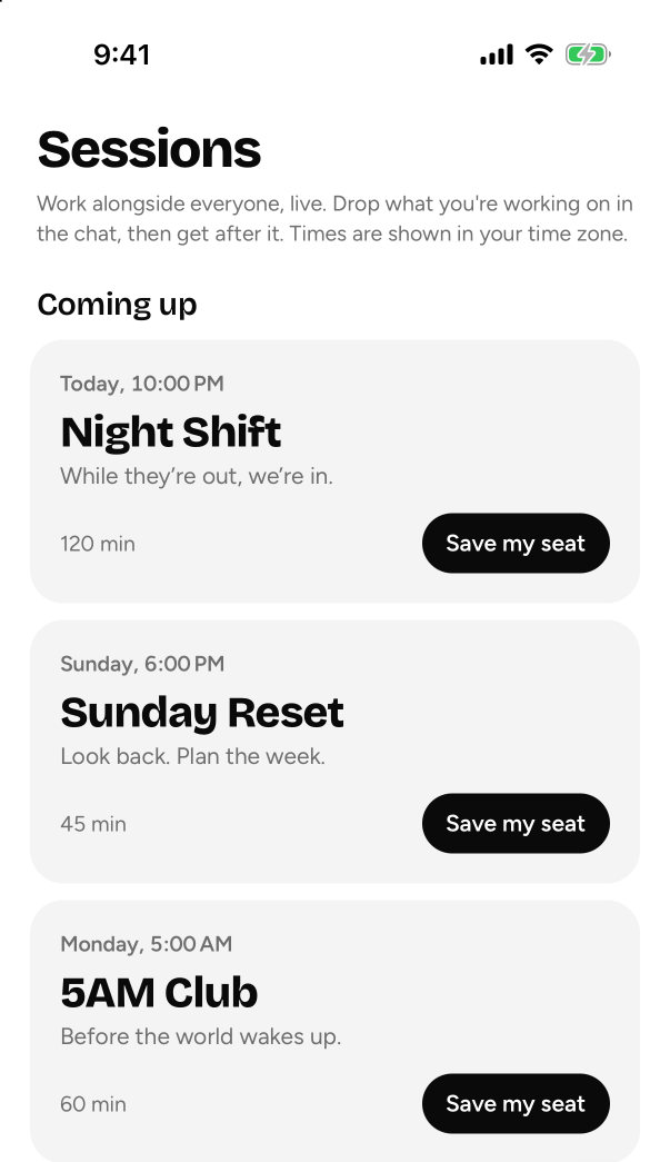 Sessions: Night Shift, Sunday Reset and 5AM Club, each with a Save my seat button